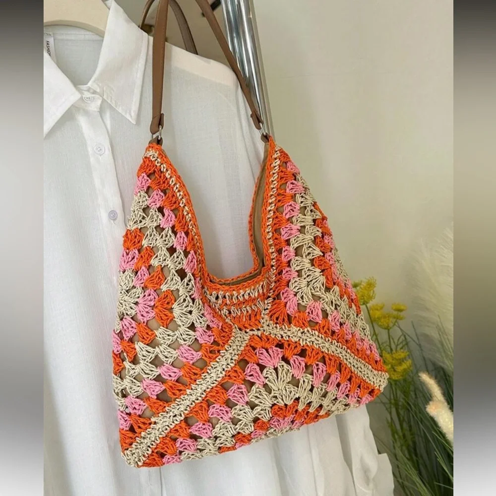 Elegant Orange and Pink Crochet Hobo Bag